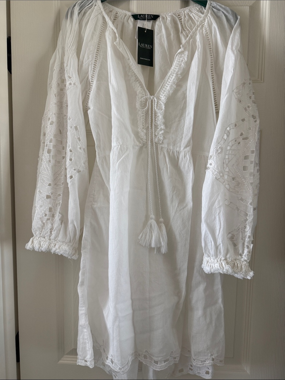 Lauren Ralph🏄♀️ Lauren White Cotton Eyelet Tie-Front Peasant Dress